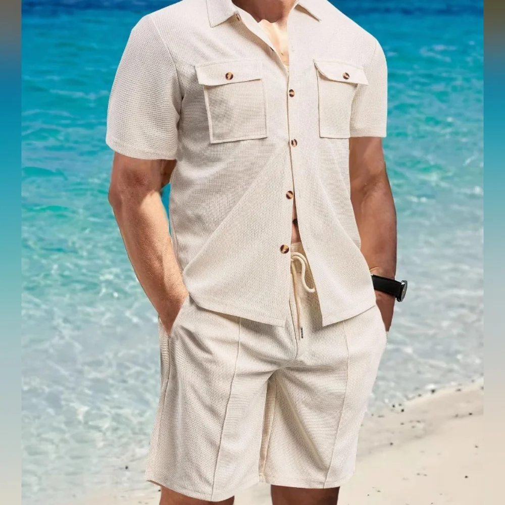 Men's Black Button Down Shirt and Shorts Set